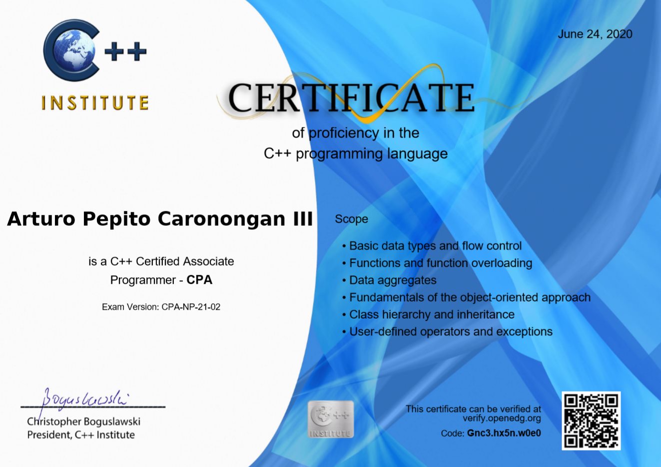 Arturo Caronongan C++ Certified Associate Programmer