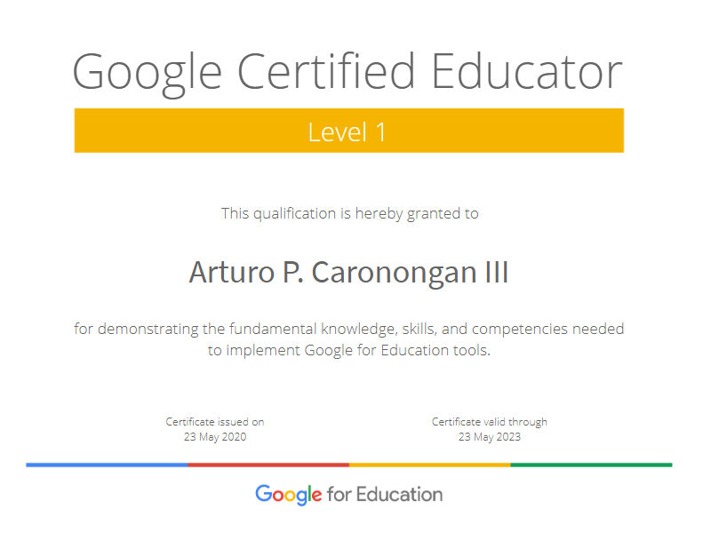 Arturo Caronongan Google Certified Educator Level 1