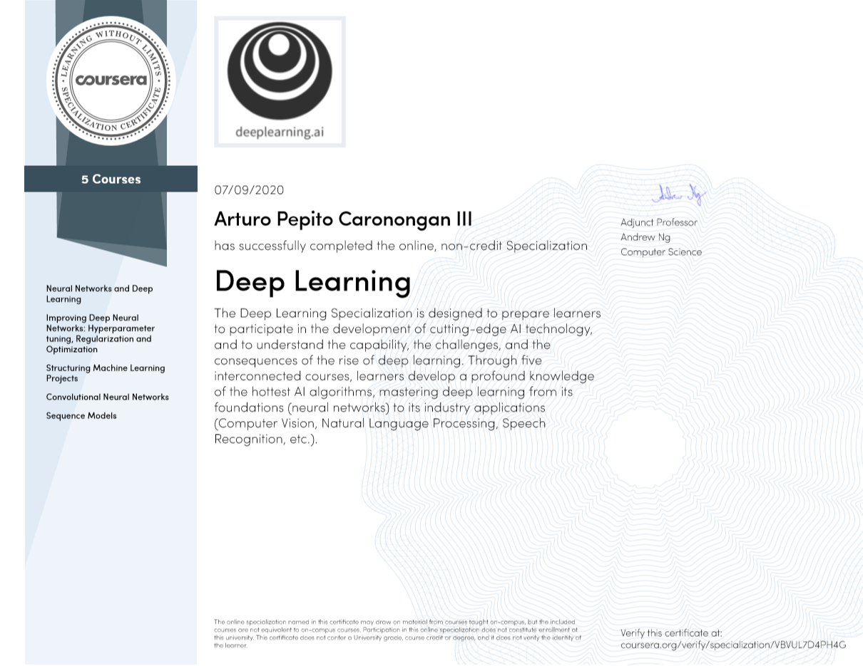 Arturo Caronongan Specialization in Deep Learning