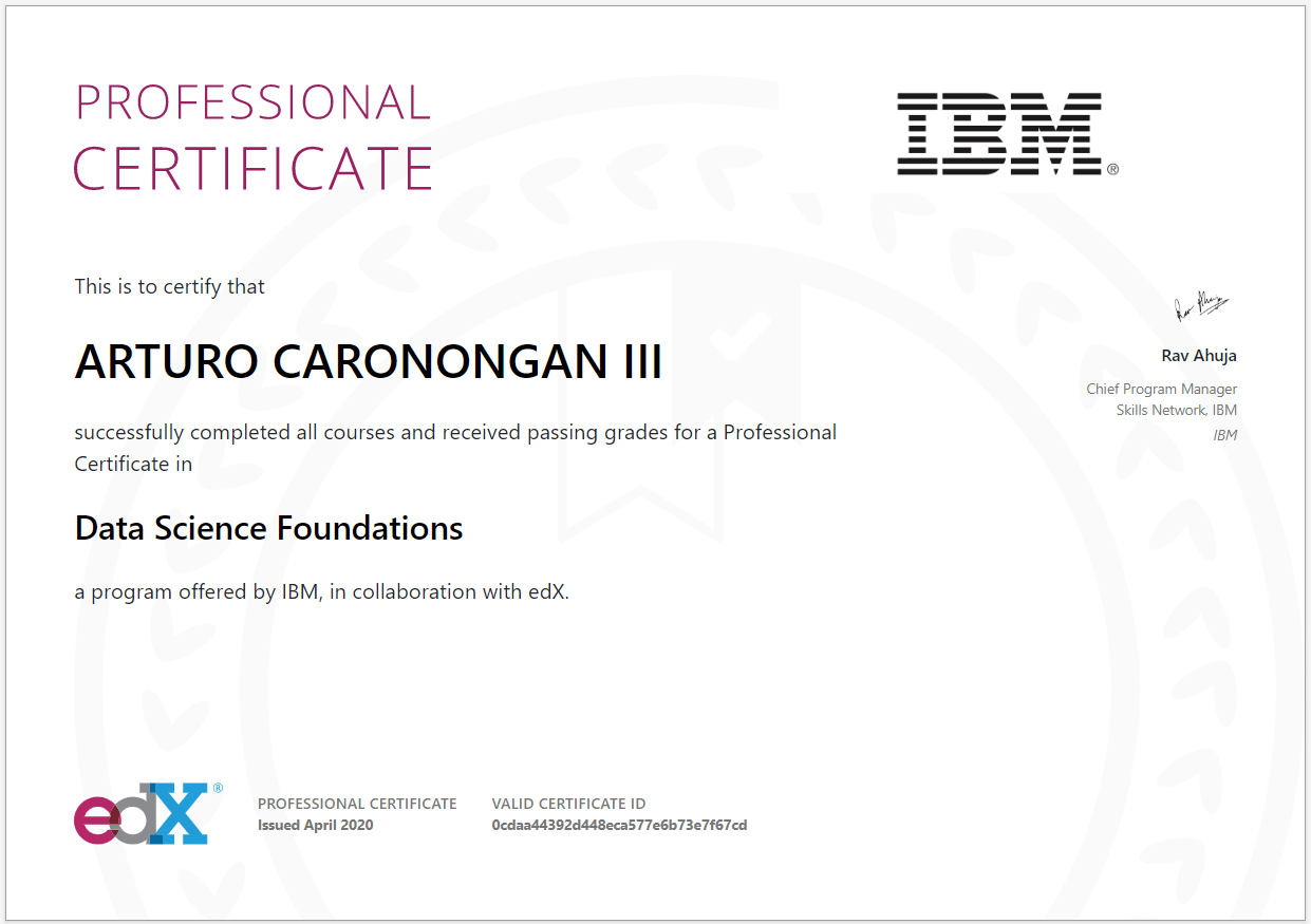 Arturo Caronongan Professional in Data Science Foundations